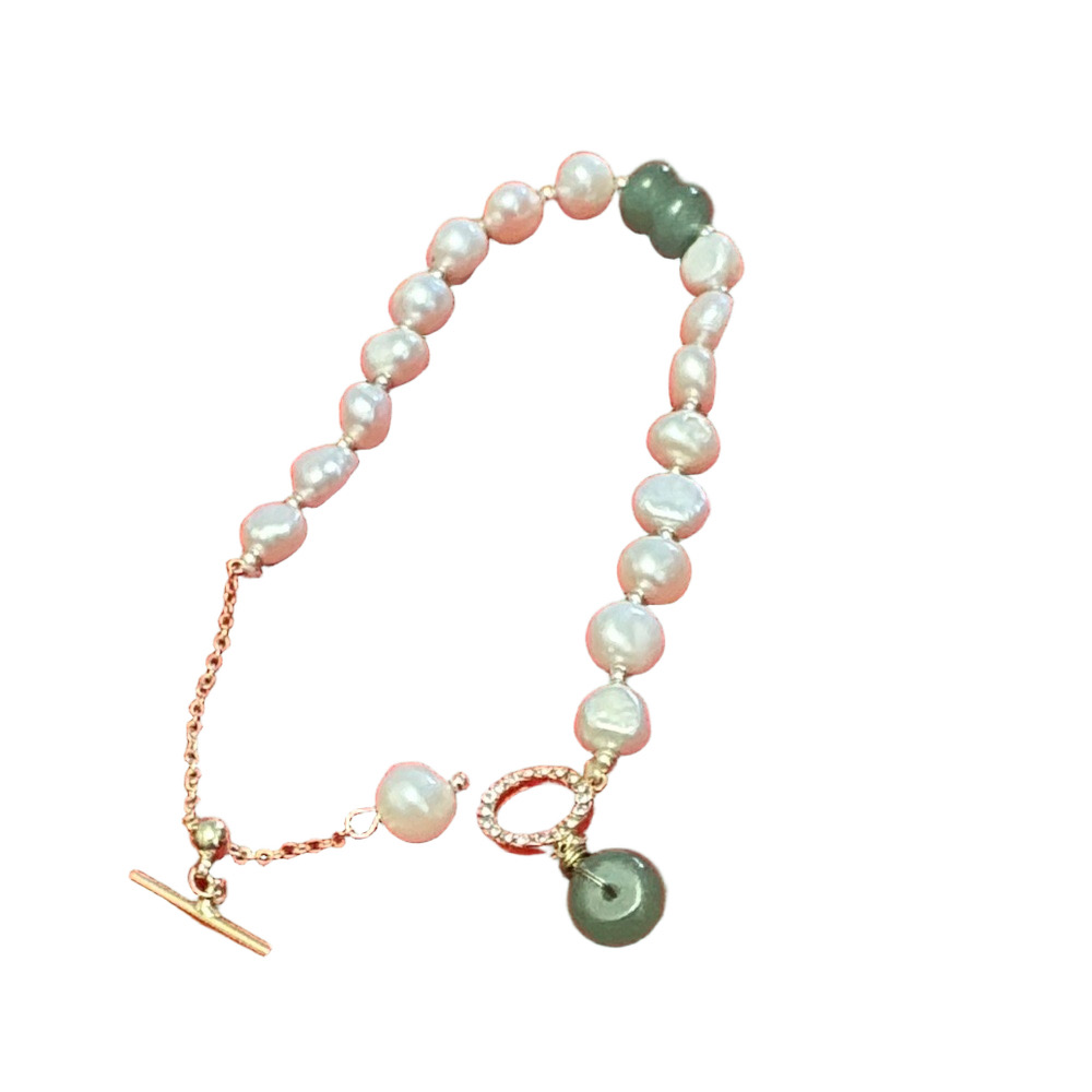 Freshwater Pearl And Jade Bead Bracelet With Rhinestones  Gold Plated